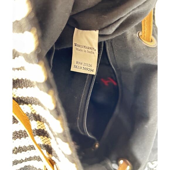 World Market Boho Backpack Purse Black White Stripe Fringe Wood Handle Woven - Picture 6 of 6